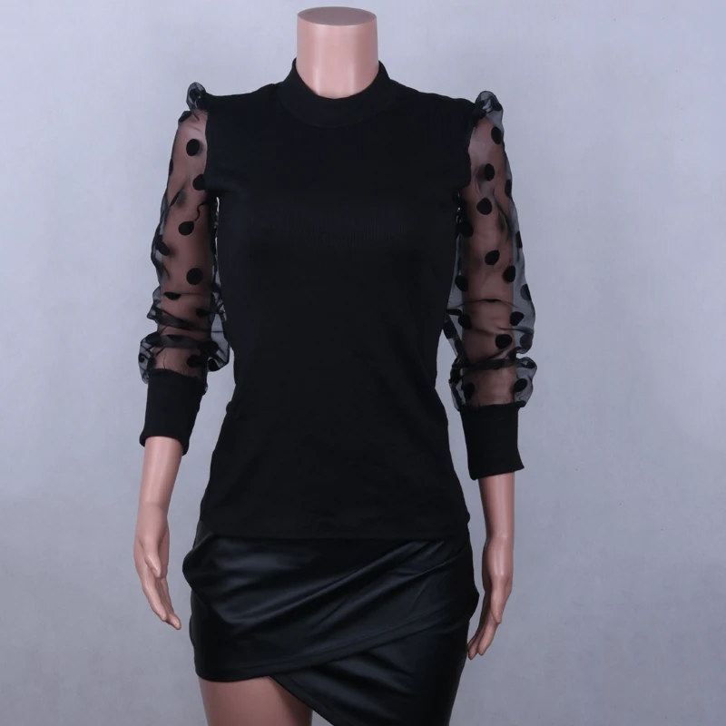 Сексуальная трикотажная футболка Топы сетчатая прозрачная строчка рукав