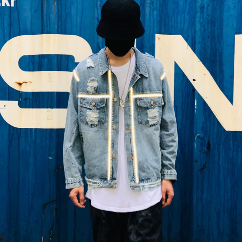 

High Street Luminous Oversize Mens Jeans Hole Washed Zipper Pockets Casual Denim Coat Windbreaker Hip Hop Loose Bomber Jacket