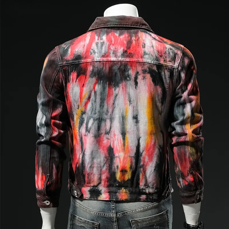 

ABOORUN 2021 Hi Street Men's Fashion Painted Denim Jackets Tie Dye Jean Jackets Korean Slim fit Coat for Male