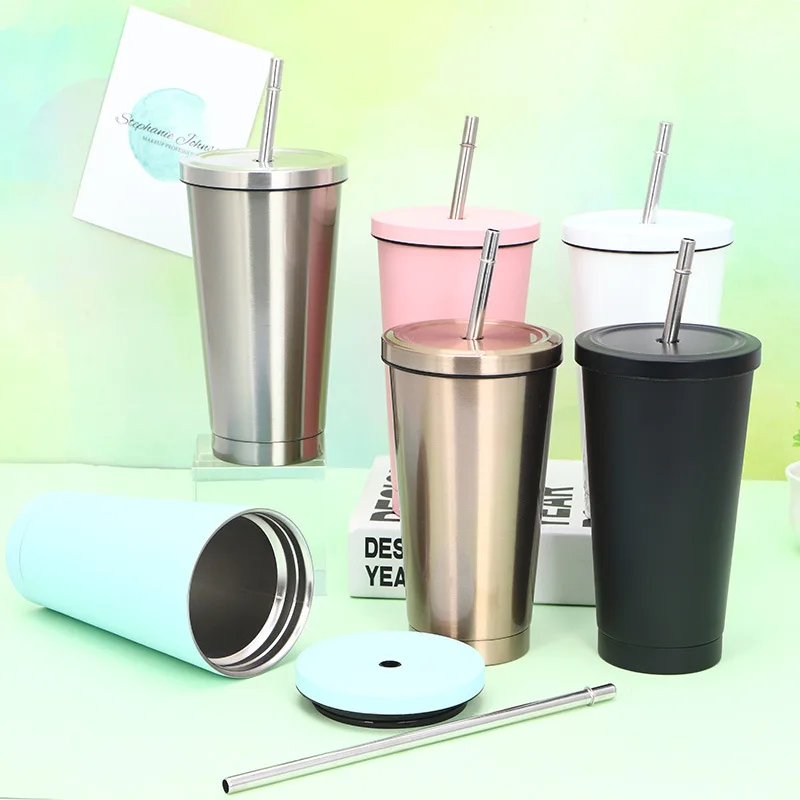 Stainless Steel Double Insulation Straw Cup 500ML Vacuum Tea Coffee Mug with Lid Metal Drinkware Water Bottle Travel Accessories | Дом и сад