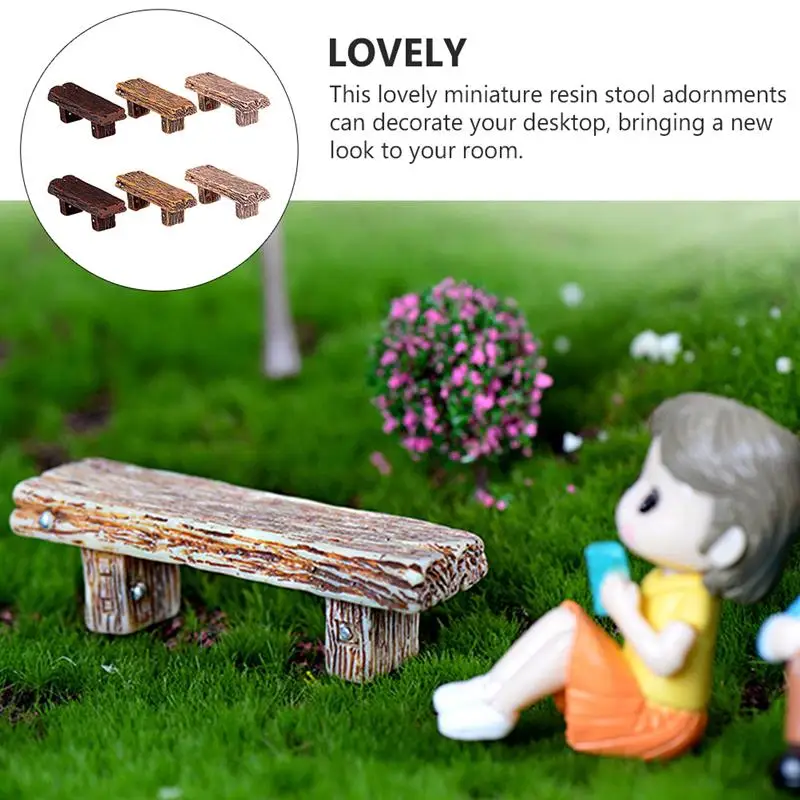 

6PCS Mini Simulated Wood Stools Micro Landscape Stools Ornament Decors DIY Resin Stools For Home Garden Decoration