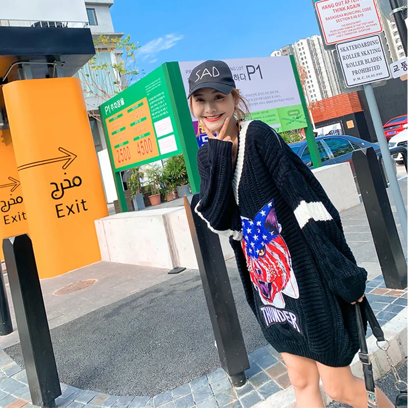 2019 Осенние теплые свободные свитера с длинным рукавом модная вышивка расшитая