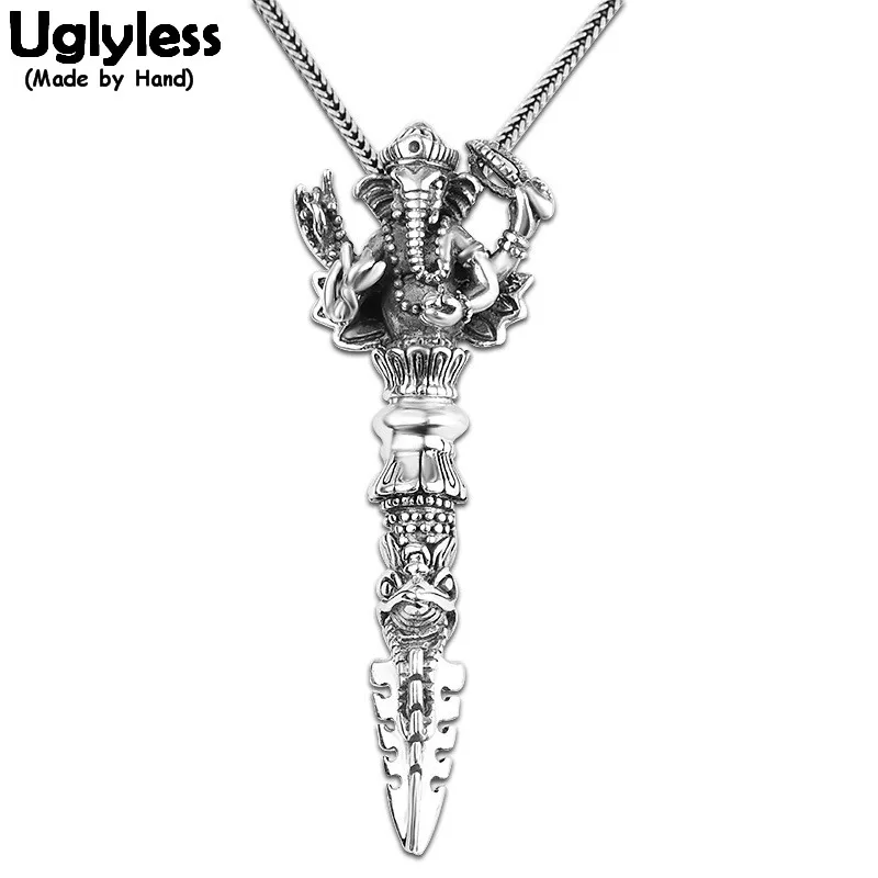 

Uglyless Thai Wind Elephant Trunk Necklaces for Men Real 925 Silver God Elephant Pendants NO Chains Religious Vajra Bijoux P1135