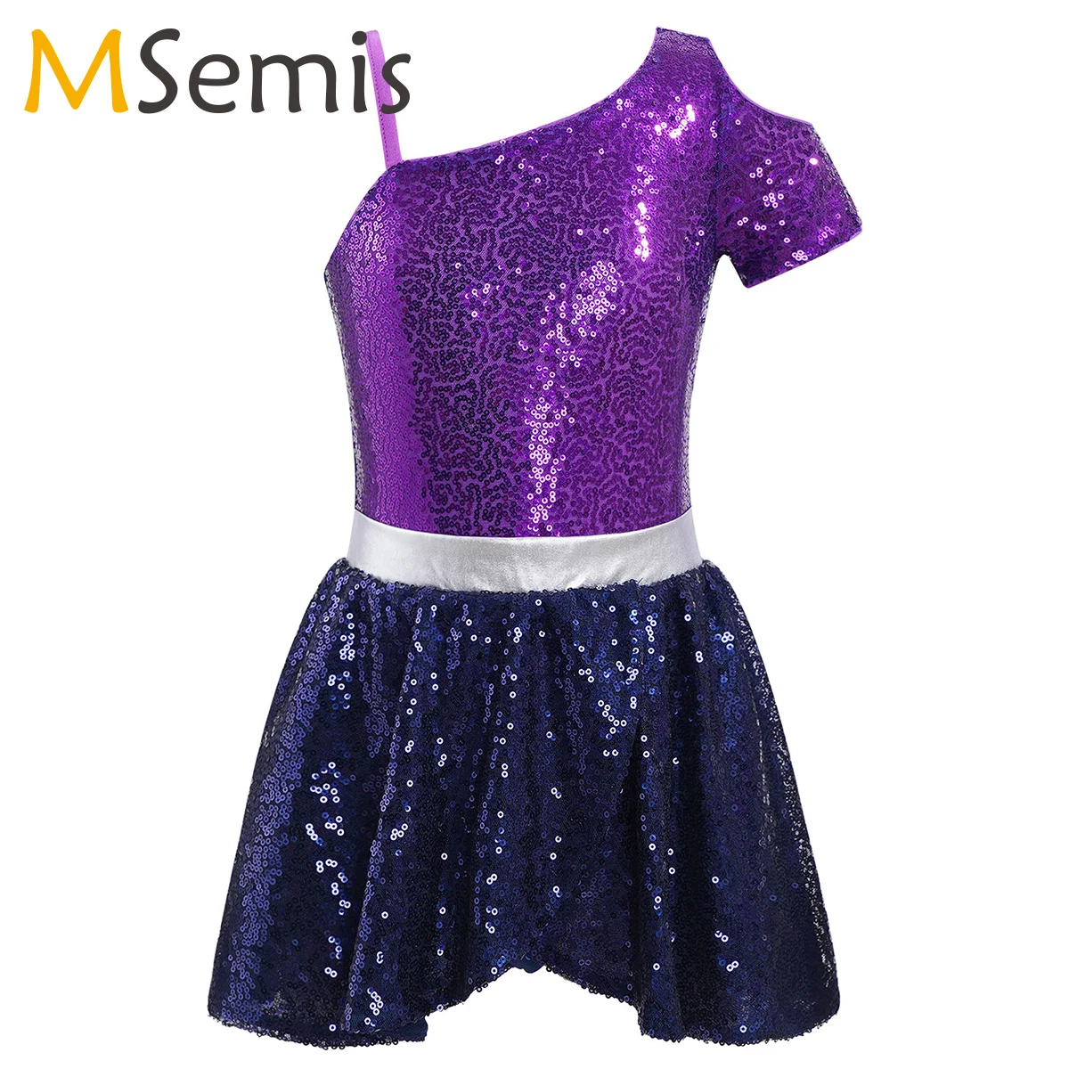 

Kids Girls Ballet Dress Oblique Shoulder Sequins Patchwork Ballet Dance Gymnastics Leotard Tutu Dress For Girls Jazz Dancewear