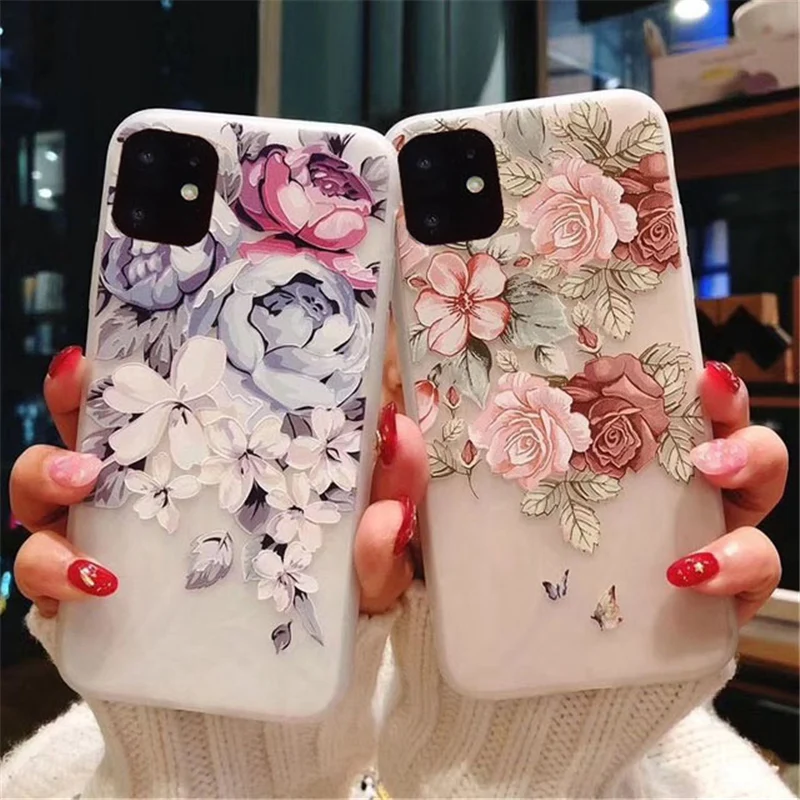 

Custodia opaca SHACK per IPhone 13 12 11 Pro Max X XR XS Max 6 6s 7 8 Plus 5 SE 3D Art Rose Flower Painting Relief Soft TPU Cove