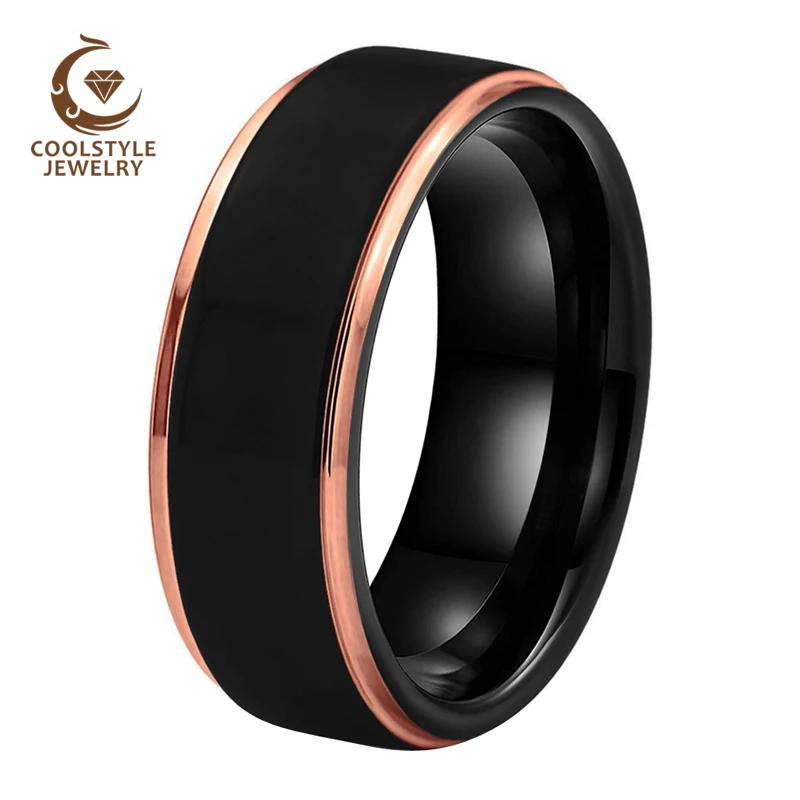 

8MM Mens Womens Wedding Band Black Rose Gold Tungsten Carbide Ring Stepped Brushed Finish Comfort Fit