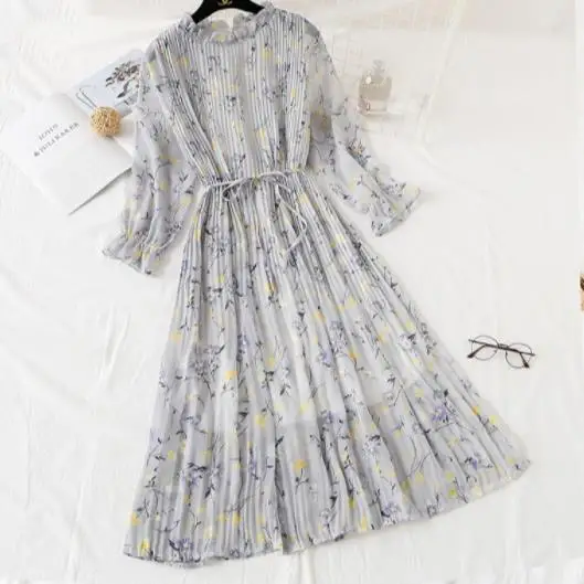 Женское длинное платье 2020 Весна Лето Винтаж Цветочный Принт Плиссированное