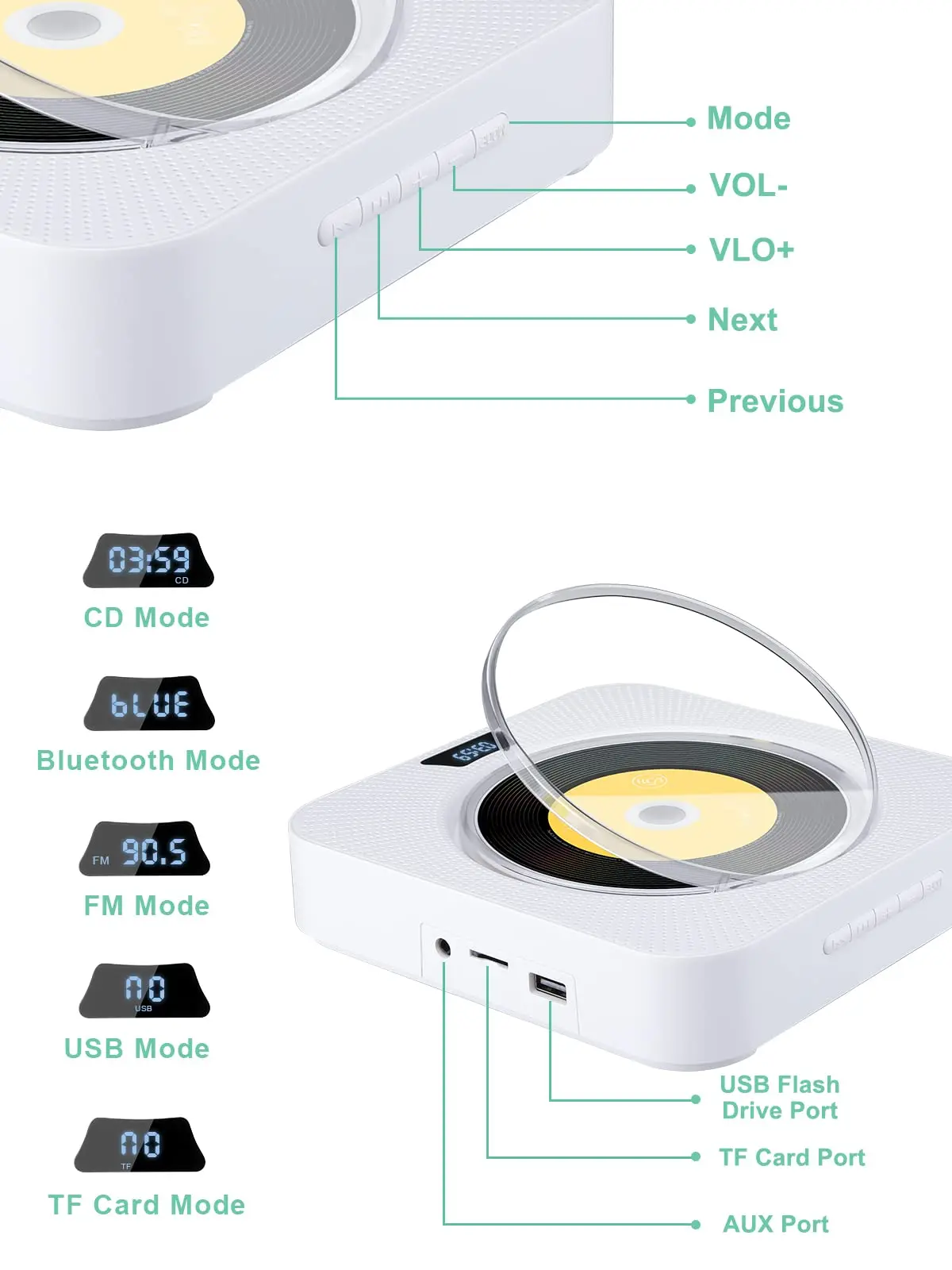 Портативный CD-проигрыватель onbian с Bluetooth настенный монтируемый музыкальный