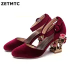 Туфли-лодочки женские на квадратном каблуке, стразы, украшенные бисером, с ремешком на щиколотке, с вышивкой, на массивном каблуке, женские свадебные туфли на каблуках