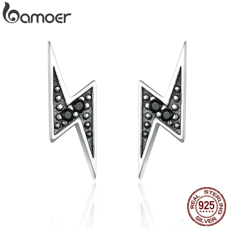 

BAMOER New Arrival 100% 925 Sterling Silver Exquisite Lightning & Black CZ Stud Earrings for Women Fine Jewelry Brincos SCE156