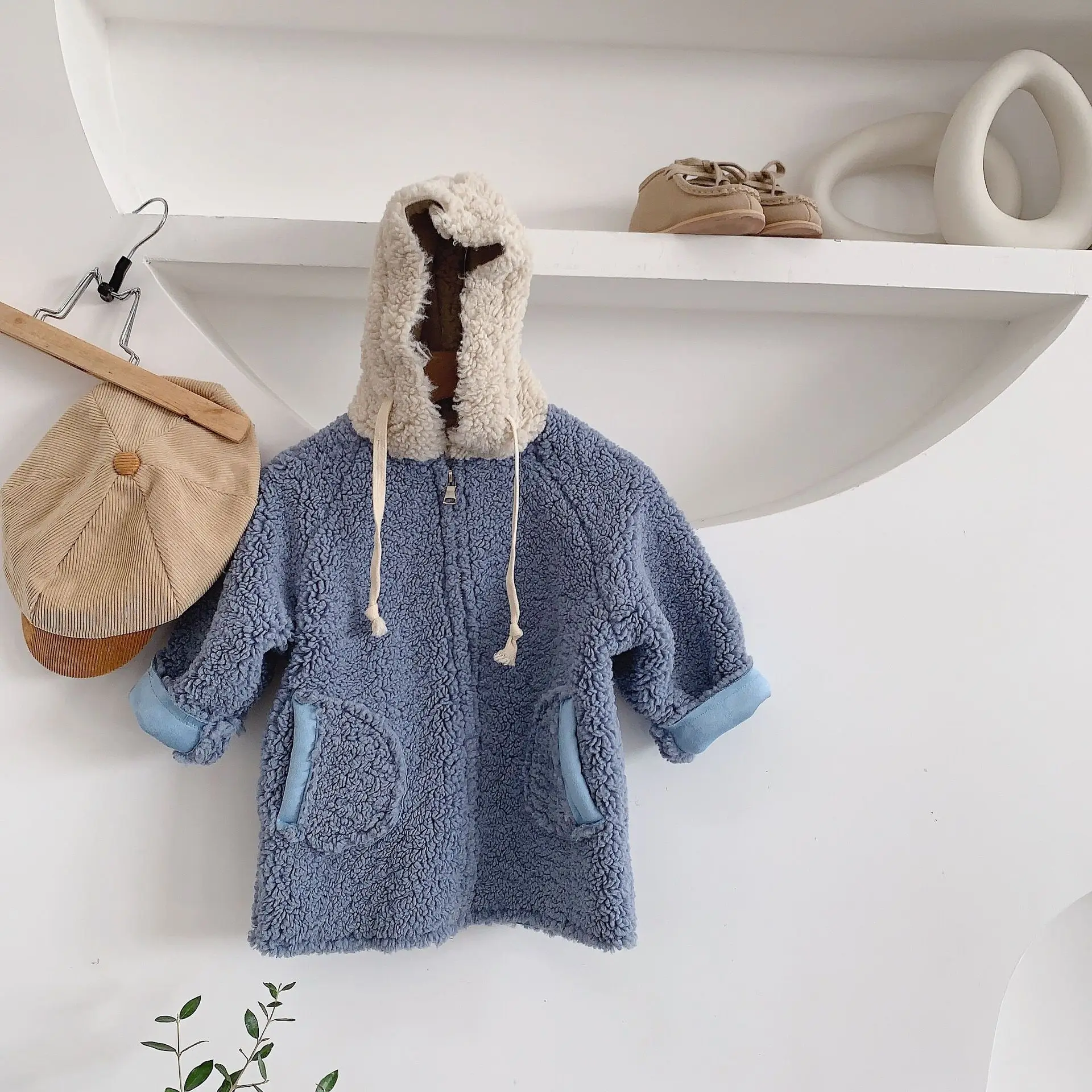 Синий Winter fashion boys girls woolen hooded thick zipper jackets chilren loose oversized coats kids outwear - Цвет: Синий