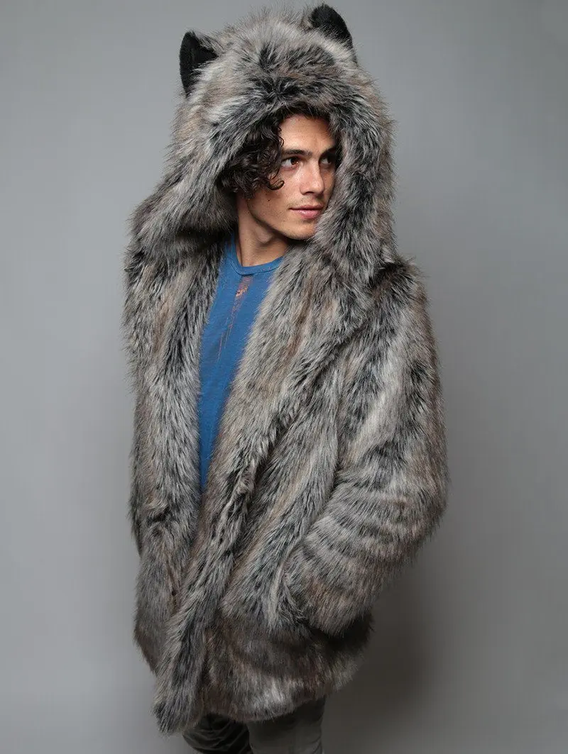 

Winter Faux Fox Fur Coat Winter Men Thick Hooded Ears Pockets Fluffy Long Sleeve Warm Outerwear Luxury Fur Jacket Bontjas Mens
