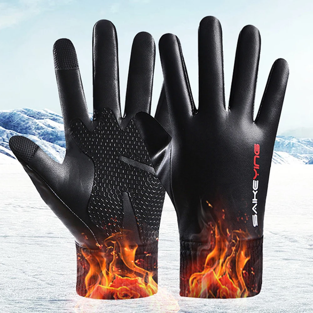 

1 Pair PU Leather Anti-Slip Cycling Full Finger Fleece Gloves Touch Screen Unisex Waterproof Windproof Warm Gloves SkiingDriving