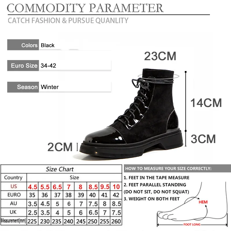 

BYQDY Fashion Women Ankle Boots Patent Leather Mid Heel Boots Lace Up Worker Army Black Goth Shoes Round Toe Platform Boots 42