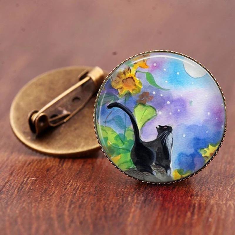 Акварельная Луна Кошка на заказ фото стеклянный конусообразные Броши день
