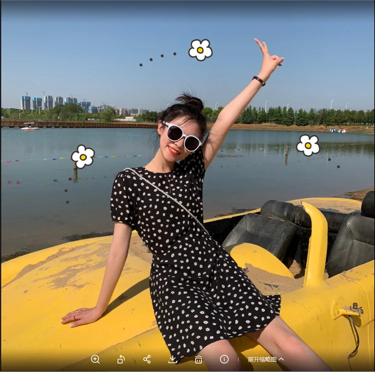 Женское шифоновое мини-платье милое черное платье с круглым вырезом и цветочным