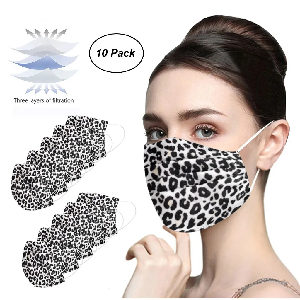 10pc Adult Unisex Disposable Masker Fashion Leopard Printed Mouth Mask Breathable Outdoor Safety Face Mascarilla | Безопасность и