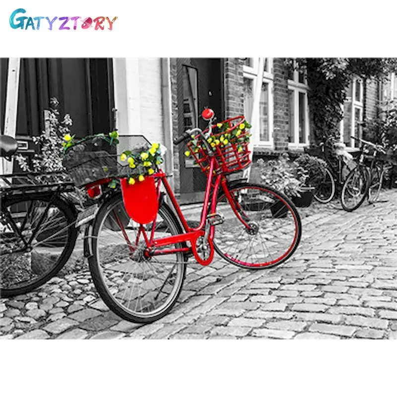 

GATYZTORY Framed Oil Painting By Numbers Red Bike 60x75cm DIY Paint By Numbers For Adult Landscape Canvas Painting Unique Gift