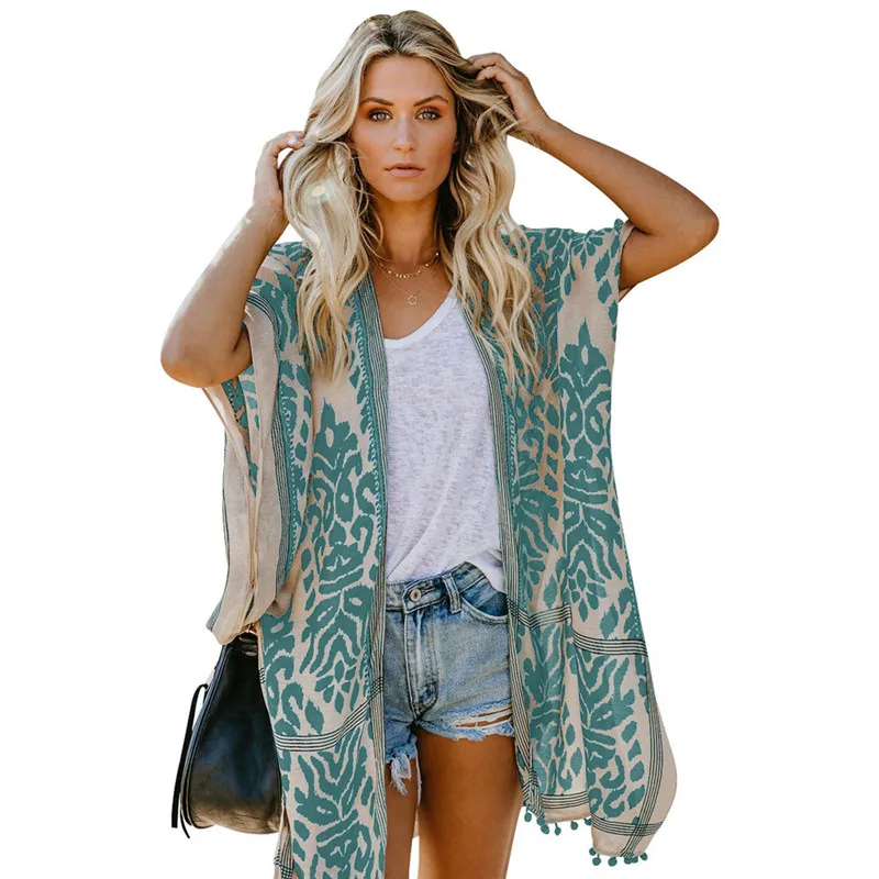 

Women Summer Beach Shawl Cardigan Short-Sleeved Printed Pompon Kimono Smock Mid-length Coat Bali Seaside Holiday Casual Women