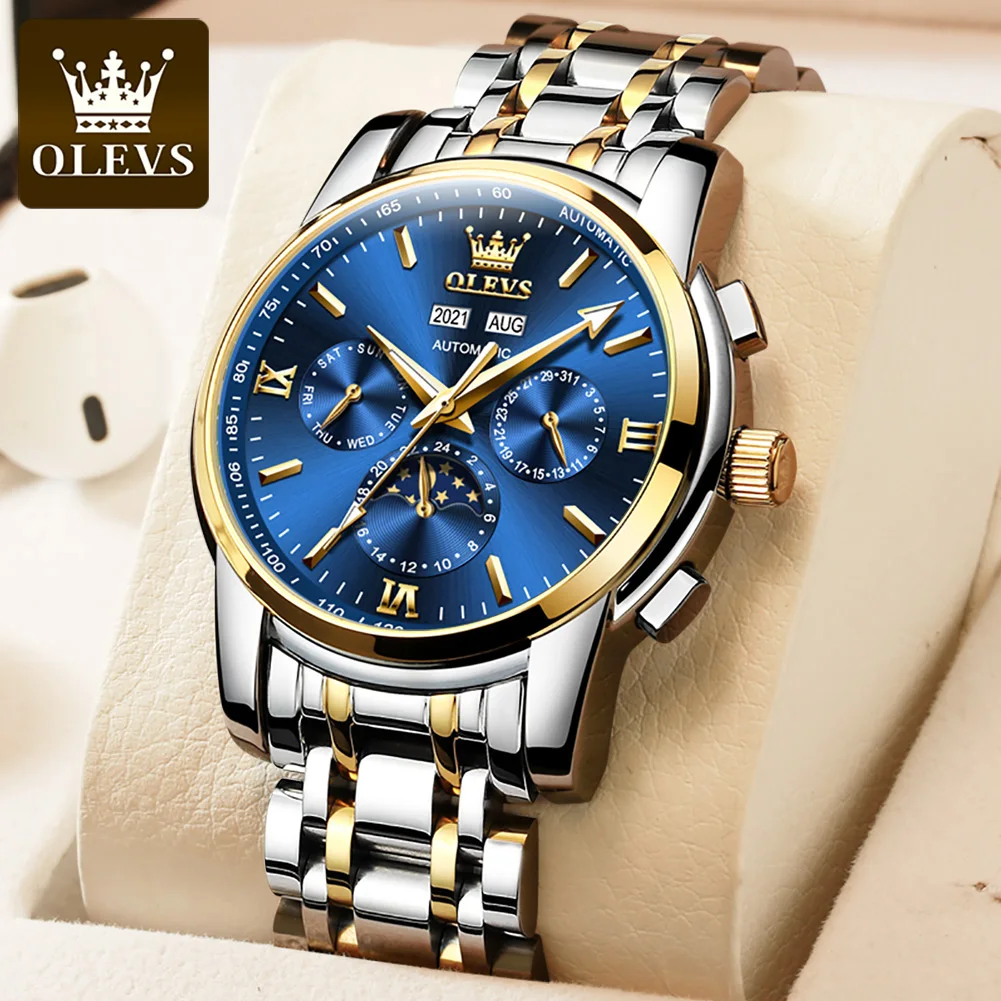 

OLEVS Men Watch Luxury Automatic Watches Perpetual Moon Phase Stainless Steel Waterproof Luminous Men Mechanical Wristwatches