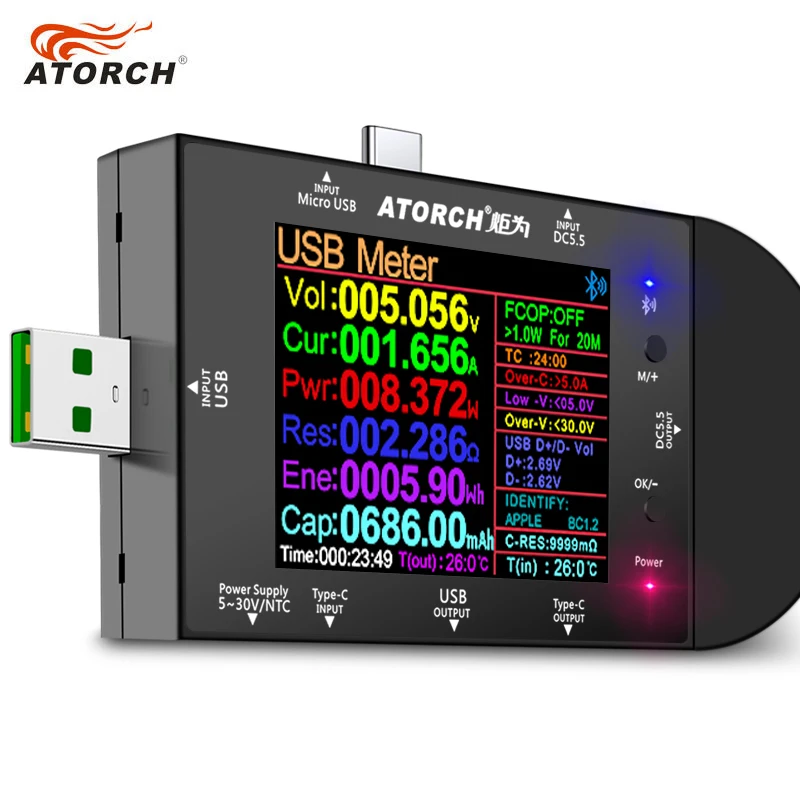 UD24 2 4 "дюймовый USB тестер DC5.5 тип c цифровой вольтметр Амперметр Банк мощности