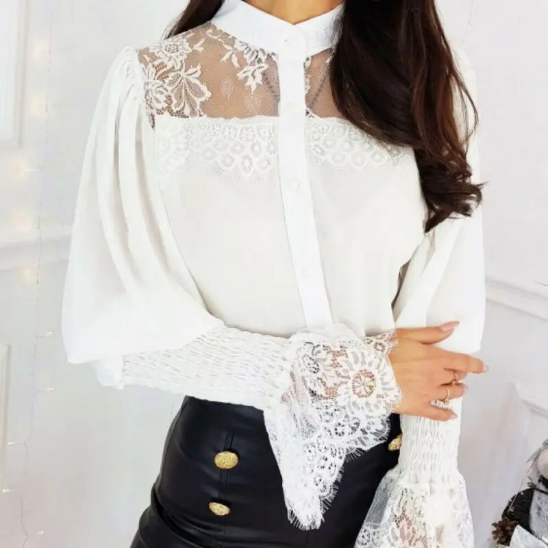 

Lace Puff Sleeve OL Lace Shirt Blouse Women Summer Ladies Casual Elegant Buttoned Tops