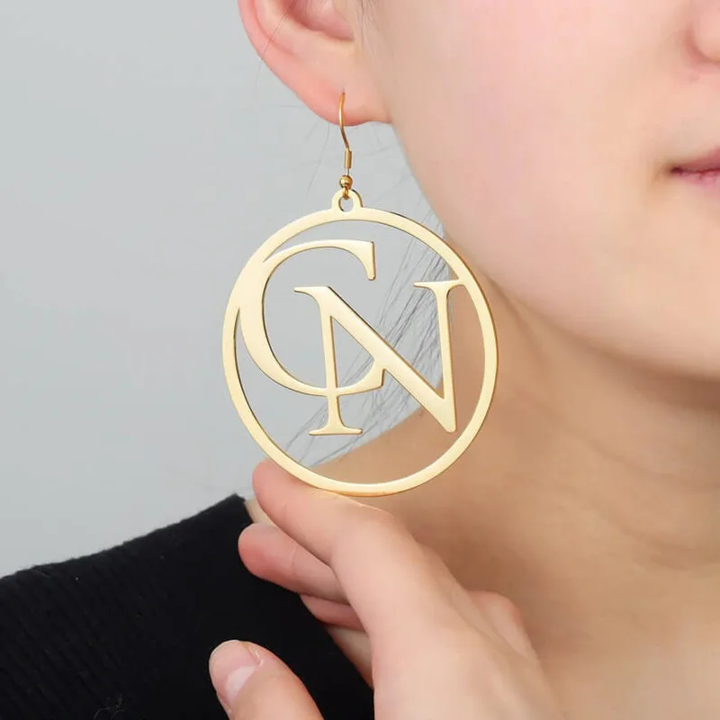 

Custom Two Initial Letter Earrings Personalized Large Hoop Earrings Stainless Steel Hiphop Gold Jewelry Gift For Women