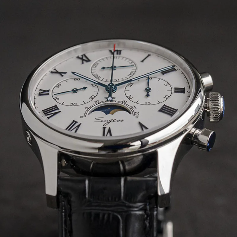 

Chronograph Watch For Man Seagull Movement ST1908 Gooseneck Device Sapphire Waterproof Moon Phase Date Roman Scale reloj hombre