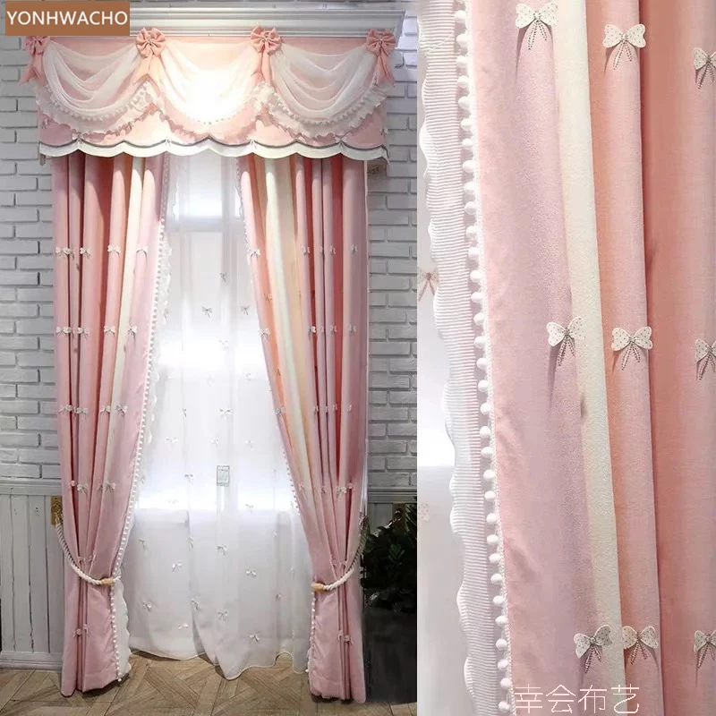 

Custom curtains Romantic lace pink pastoral princess bedroom girls bay window cloth blackout curtain valance tulle drape C866