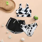 Детские купальники с коровьим принтом для девочек-подростков, летний купальник с жилетом и вырезами, комплект из трех предметов, бикини и шорты, пляжная одежда для плавания, женская одежда