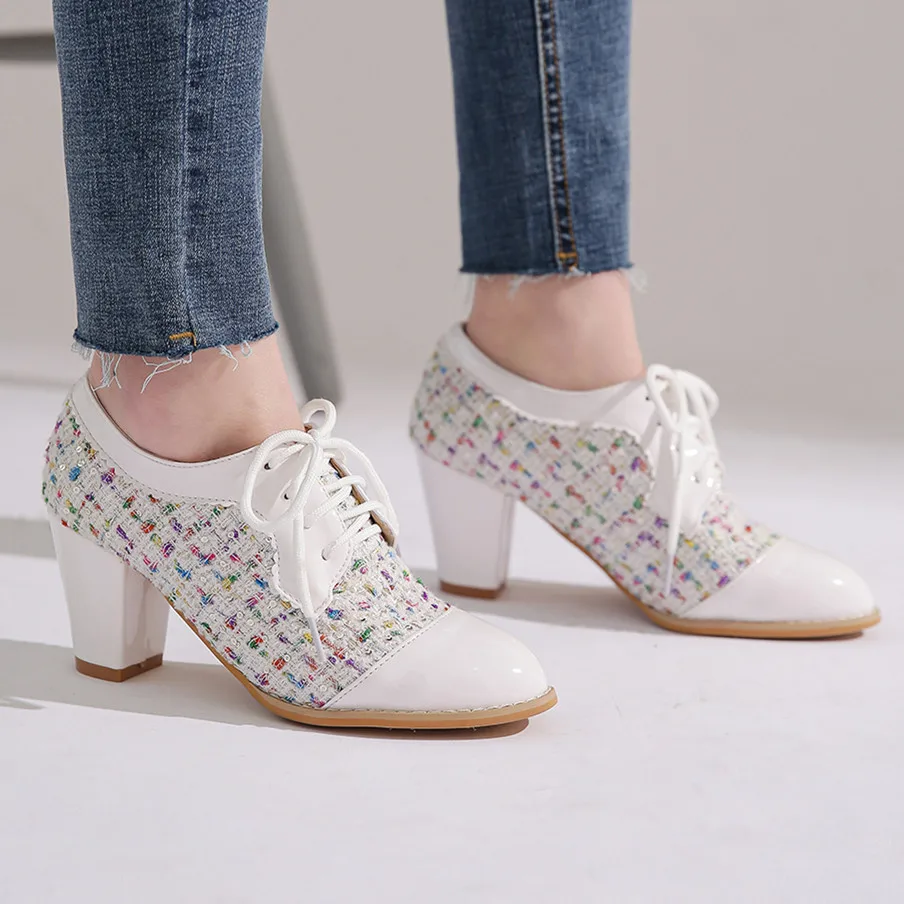 Туфли-лодочки женские твидовые на блочном каблуке классическая офисная обувь в