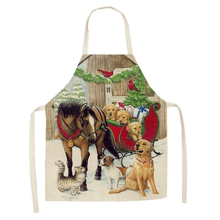 1Pcs Kitchen Apron Christmas horse farm Printed Sleeveless Cotton Linen Aprons for Men Women Home Cleaning Tools 55*68cm | Дом и сад