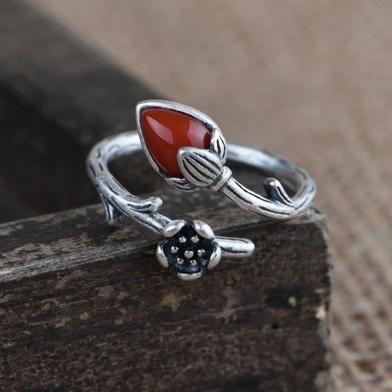 

FNJ 925 Silver Ring for Women Jewelry 100% Original Pure S925 Sterling Silver Rings Flower Natural Red Agate