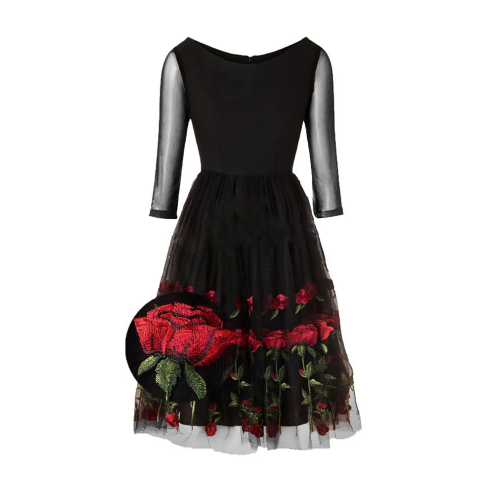 Женские платья Сетчатое кружевное платье с вышивкой в стиле ретро принтом розы