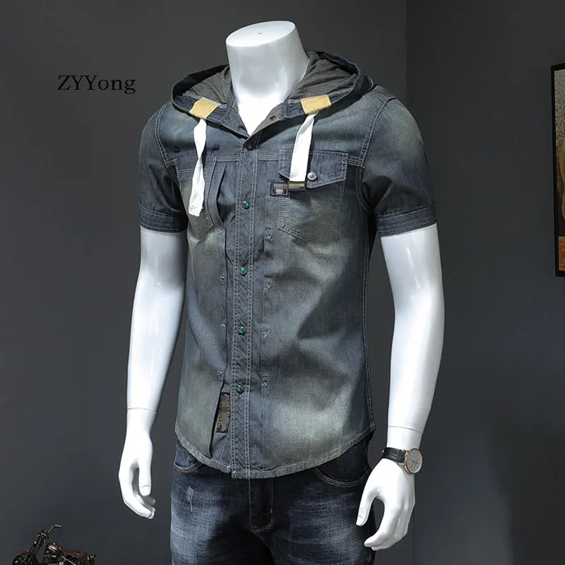 Summer European Style Cotton Hooded Bomber Short Sleeve Blue Thin Denim Shirt Men Jean Coat Streetwear Fashion Cowboy Clothing