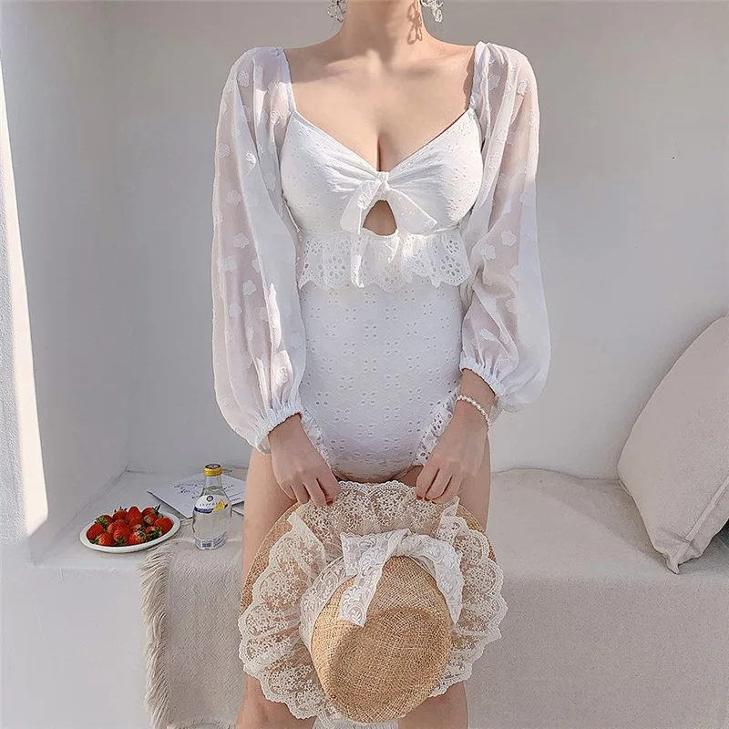 

2021 new long-sleeved coated swimsuit female fairy nanopalaxy back high waist slim Bikini