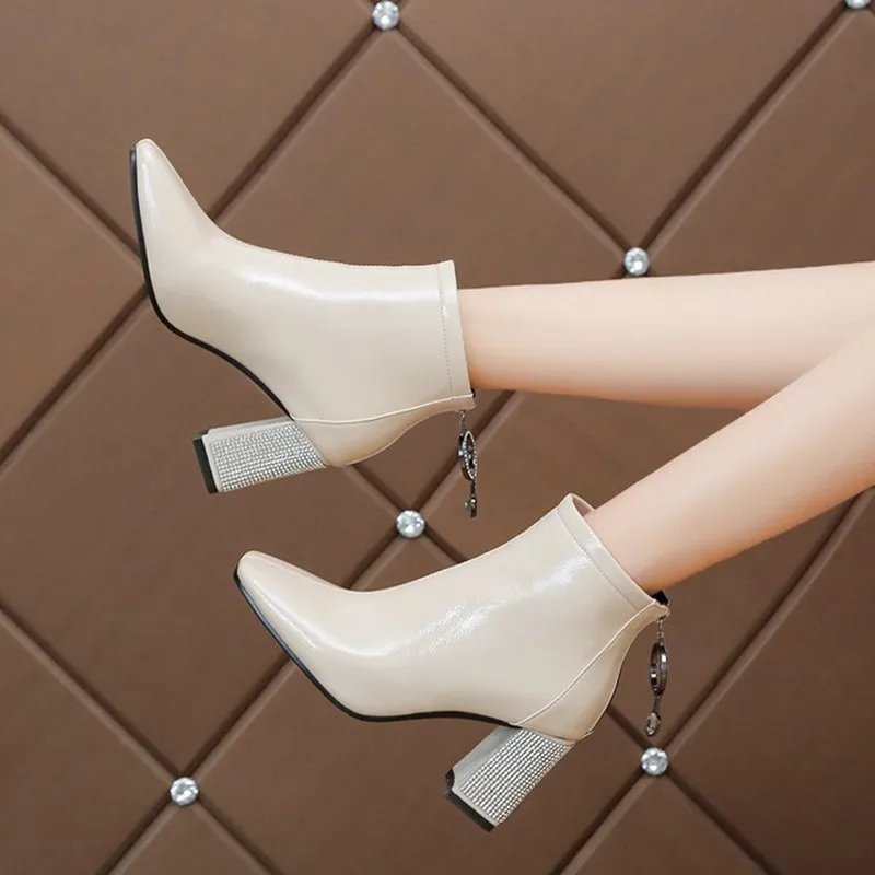 Square Toe Patent Leather Shoes High Heels Ankle Boots Femme Crystal Chunky Heels Shoes for Women Dress Wedding Boots Women