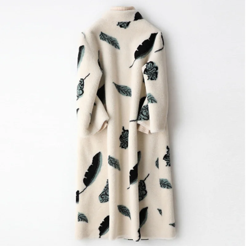 Elegant White Print Flower Real Fur Coat Office Lady Winter Wool Clothes Women Warm Jacket Middle Length Genuine Fur Overcoats