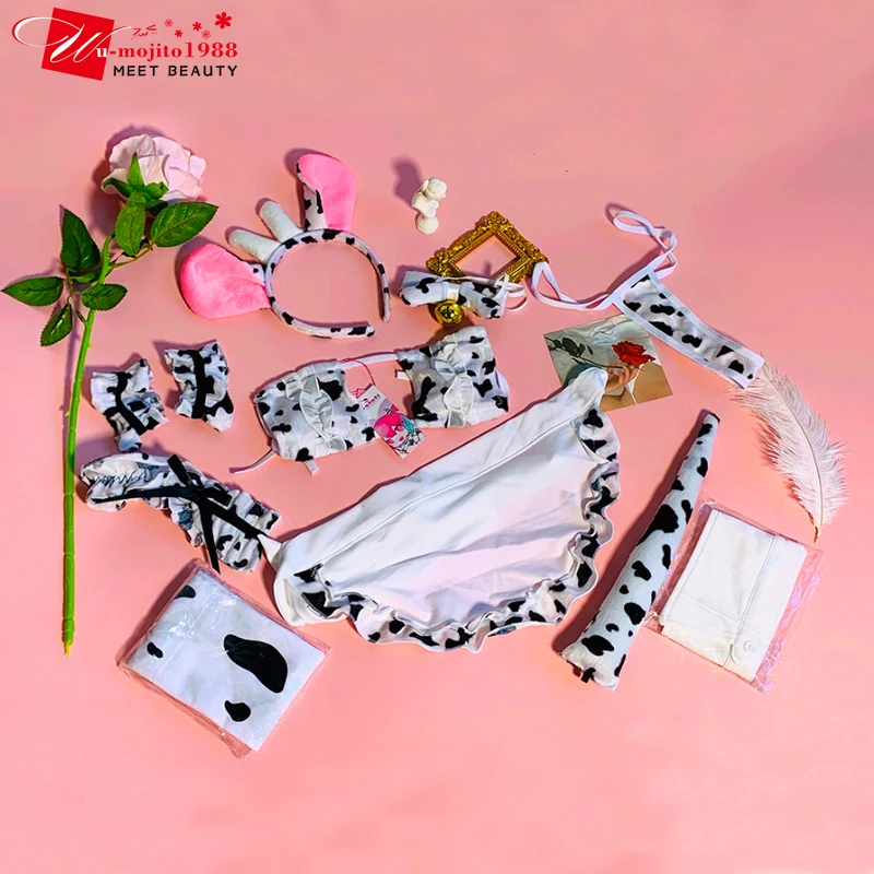 

New Cos Cow Cosplay Costume Maid Tankini Bikini Swimsuit Anime Girls Swimwear Clothing Lolita Bra and Panty Set Stockings