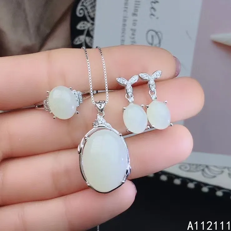 Boutique Jewelry 925 Sterling Silver Inset With Natural Gem Women's Luxury Popular Oval White Jade Pendant Ring Earring Set Supp