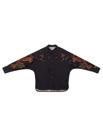 Женская хлопковая рубашка/блузка LYNETTE'S с оригинальным дизайном в китайском стиле, свободная черная блузка контрастной расцветки с принтом в виде листьев оленя, весна-осень