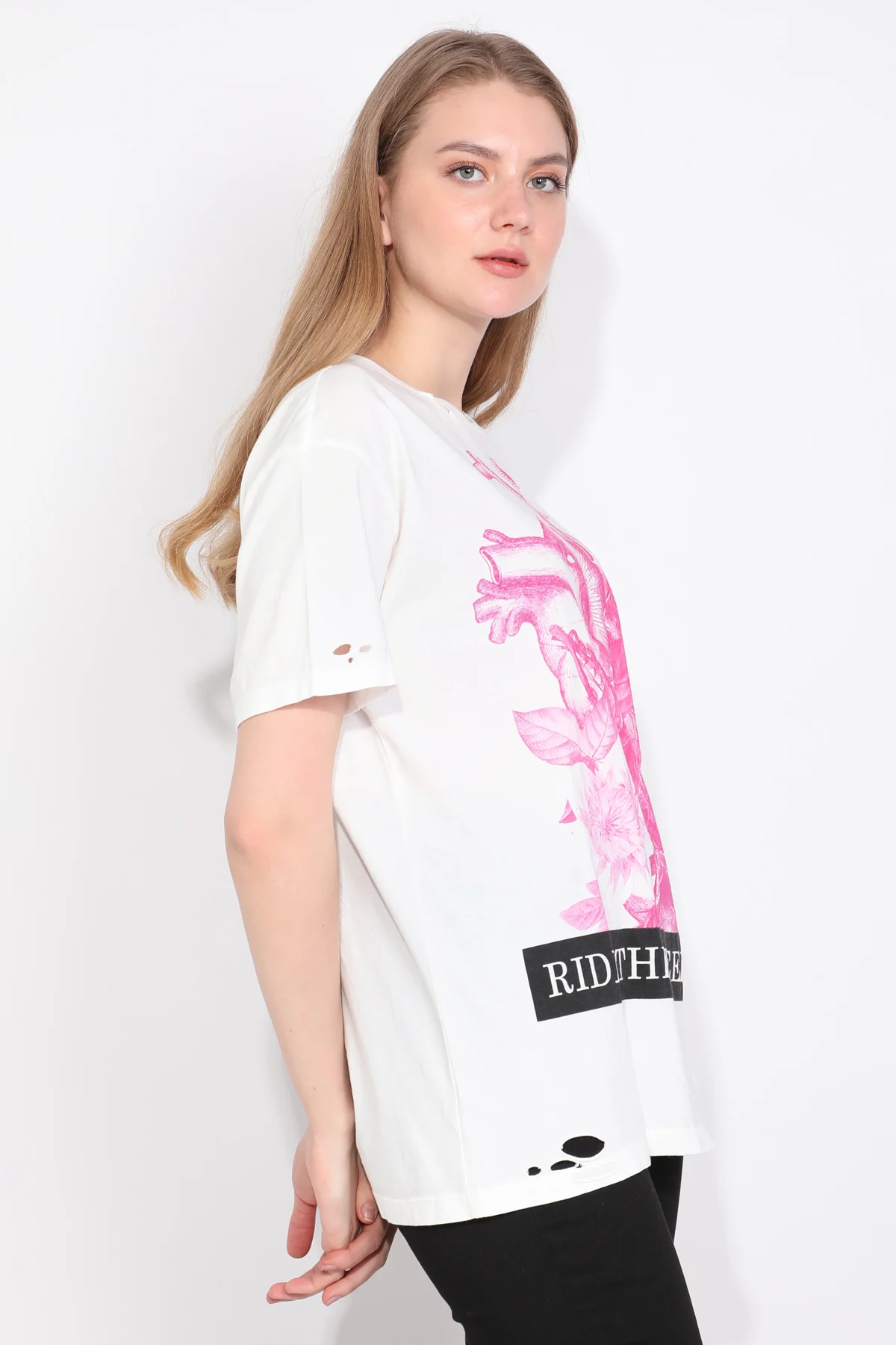 

Womens Crew Neck Ripped Detailed Printed T-shirt White