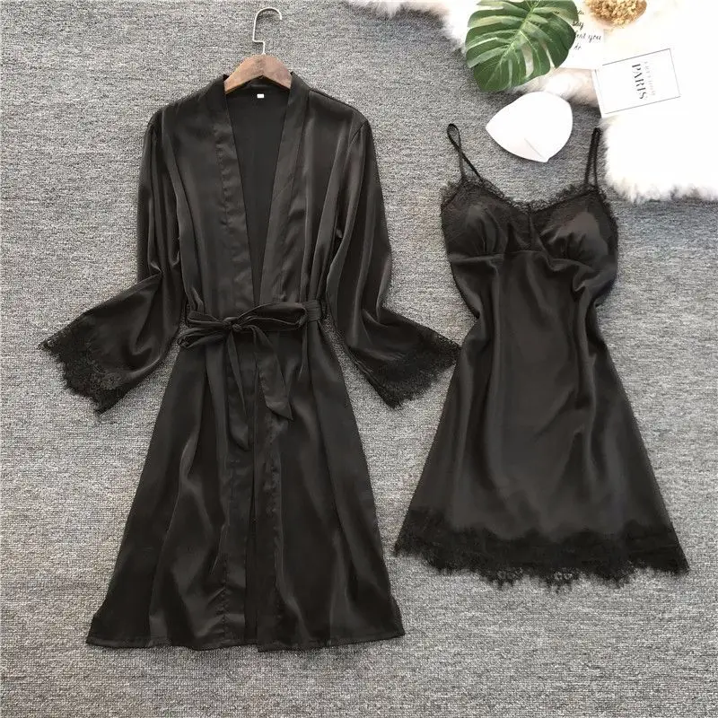 

Ladies Summer Two-piece Pajamas Ice Silk Satin Thin Coat Printed Lace Pajamas Spring And Summer New Ladies Imitation Silk Paja