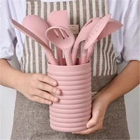 silicone kitchen utensils set non stick cookware wooden long handle spatula colander baking tool pink handle cooking accessories