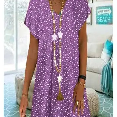 

2021 summer new fashion print V-neck dress women's Casual Short Sleeve dot heart print skirt