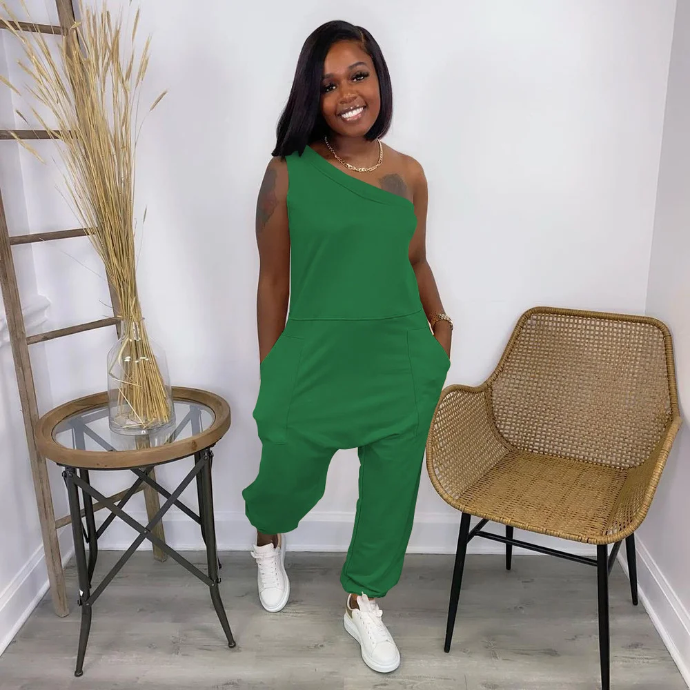 

Womens Jumpsuit One Shoulder Asymmetrical Romper Sleeveless Inclined Shoulder Loose Overall Activewear Workout Running Bodysuit