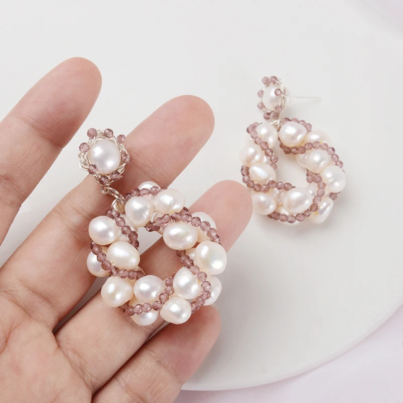 ASHIQI Natural Big Pearls Drop Earrings for Women with Purple Crystal Beads Handmade 925 Sterling Silver Jewelry | Украшения и