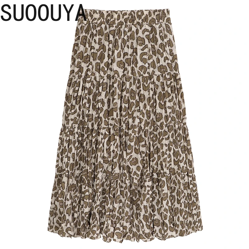 

[SUOOUYA] Women Yellow Leopard Printed Long Pleated High Elastic Waist Half-body Skirt Fashion Tide Spring Autumn female 2021