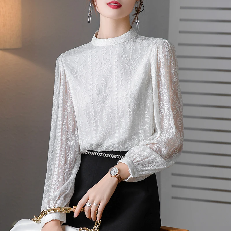 

2022 Spring Autumn Women's White Shirt Elegant Long Sleeve Embroidery Woman Shirts Blouses Female 100% Real Silk Blouse Tops