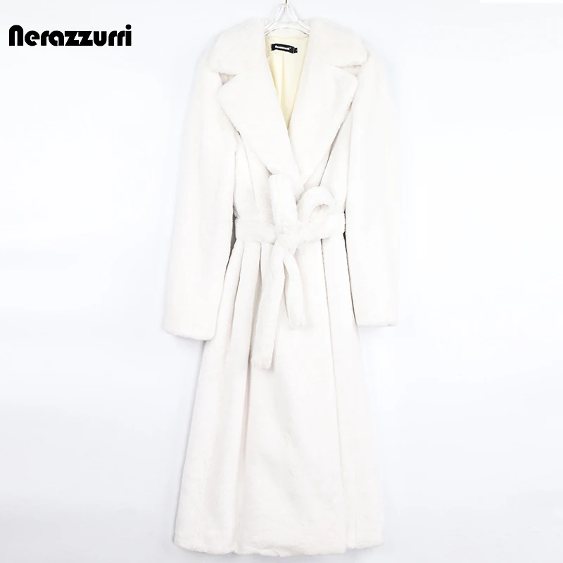 Nerazzurri Winter Long White Black Warm Fluffy Faux Fur Coat Women Long Sleeve Belt Lapel Stylish Korean Fashion without Buttons